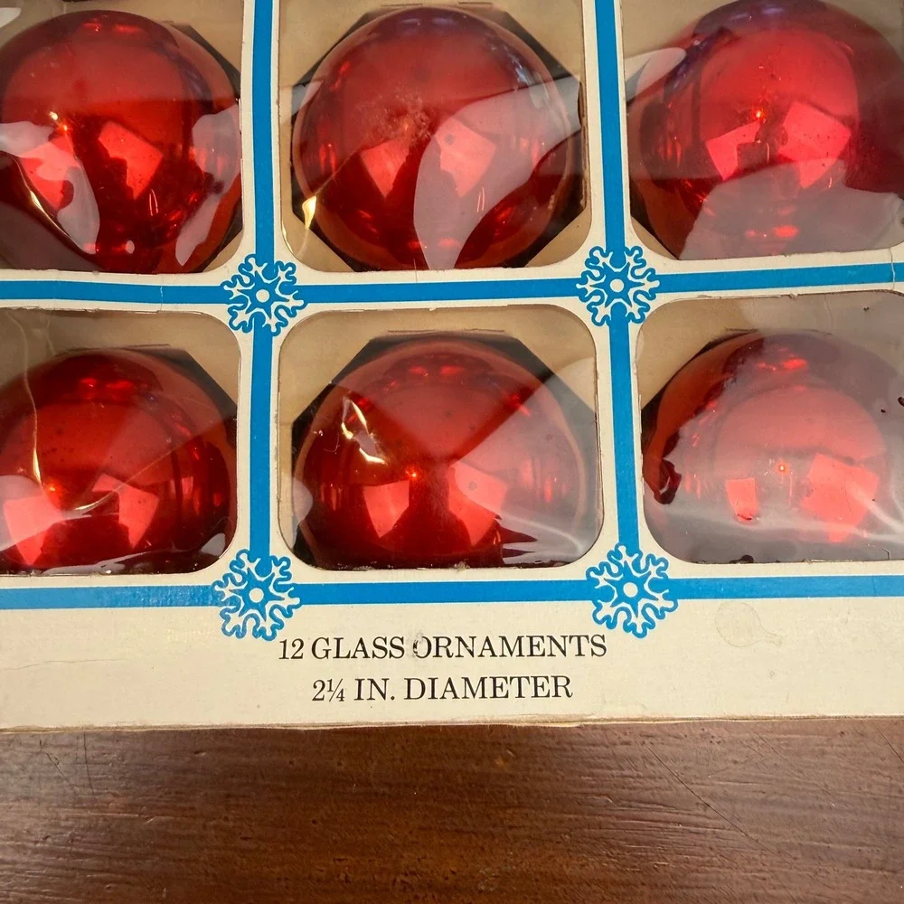 Vintage Holly Glass Christmas Ornaments Red Blue Set of 24 2.25